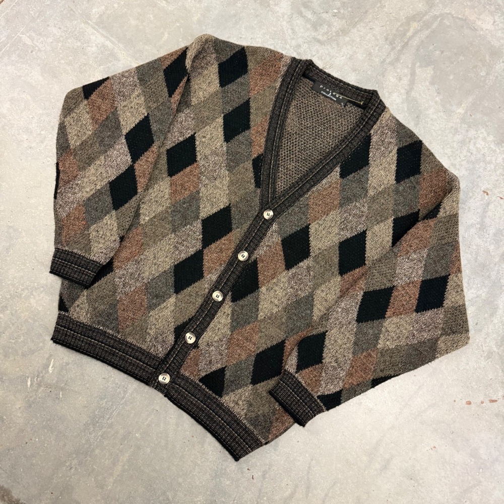 90s Mens Protege Collection Argyle Knit Button Front Cardigan Sweater Brown L